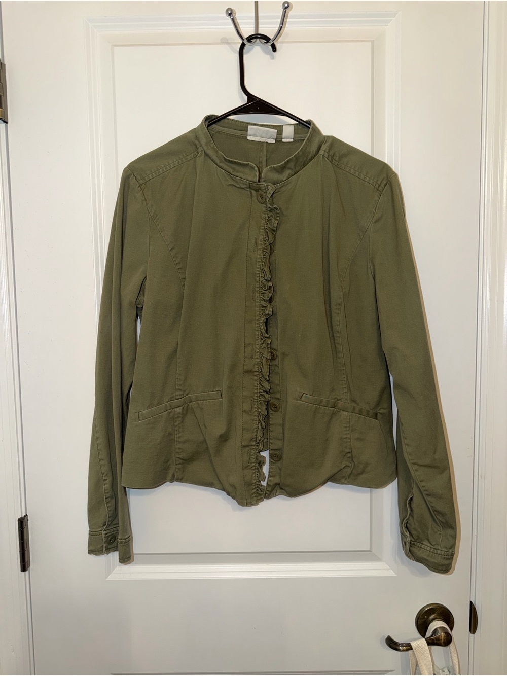 New York & Company Olive Green Ruffle-Front Utility Jacket
